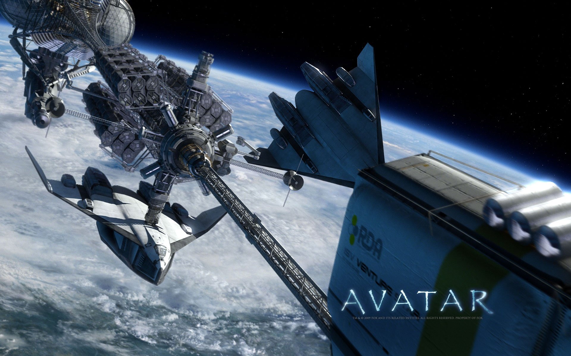 HD PC desktop wallpaper featuring a detailed spaceship from the movie Avatar orbiting above a planet's surface.