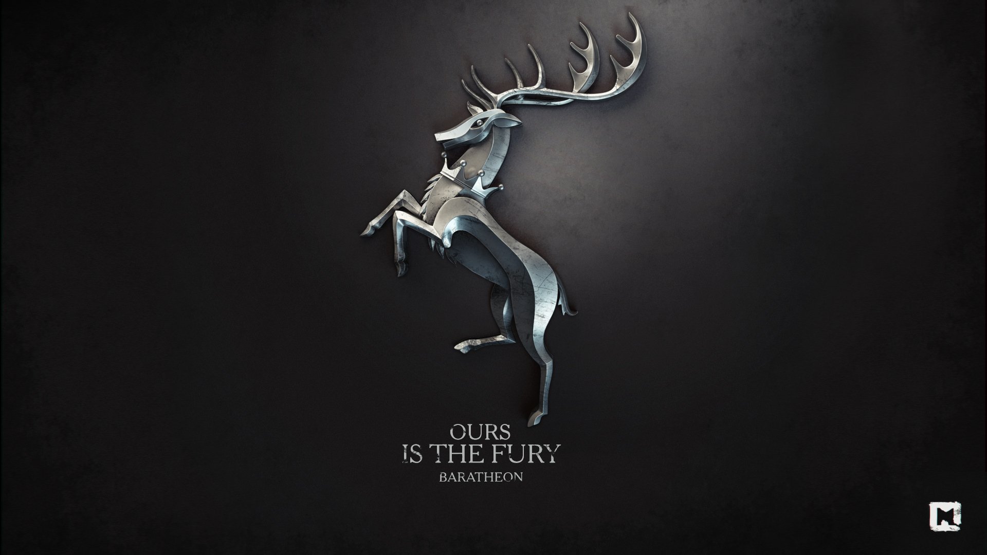 HD desktop wallpaper featuring the metallic sigil of House Baratheon from the TV show Game of Thrones with the words Ours Is The Fury on a dark background.