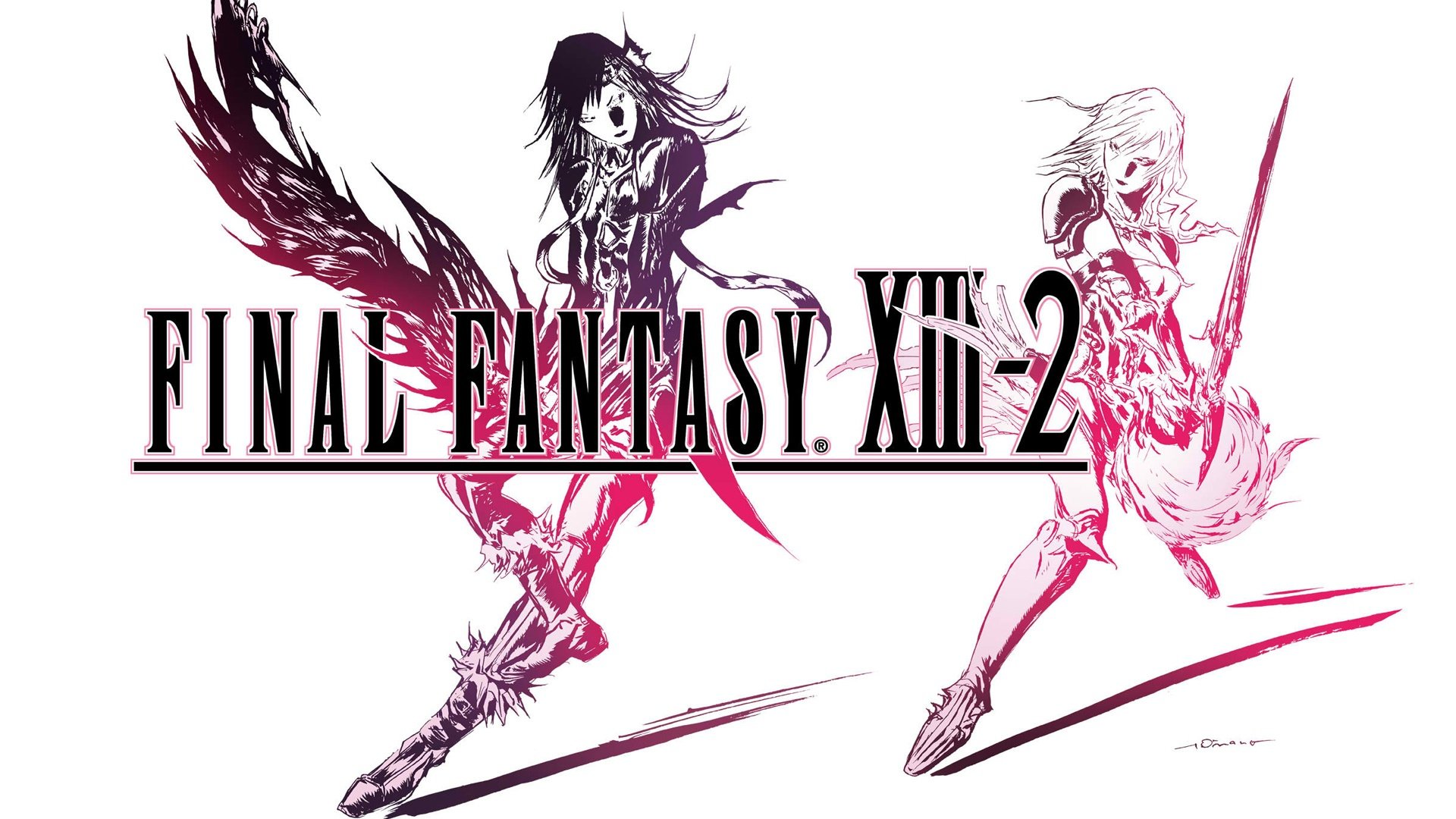 HD PC desktop wallpaper featuring stylized characters from the video game Final Fantasy XIII-2 with dynamic poses and bold black and red accents.