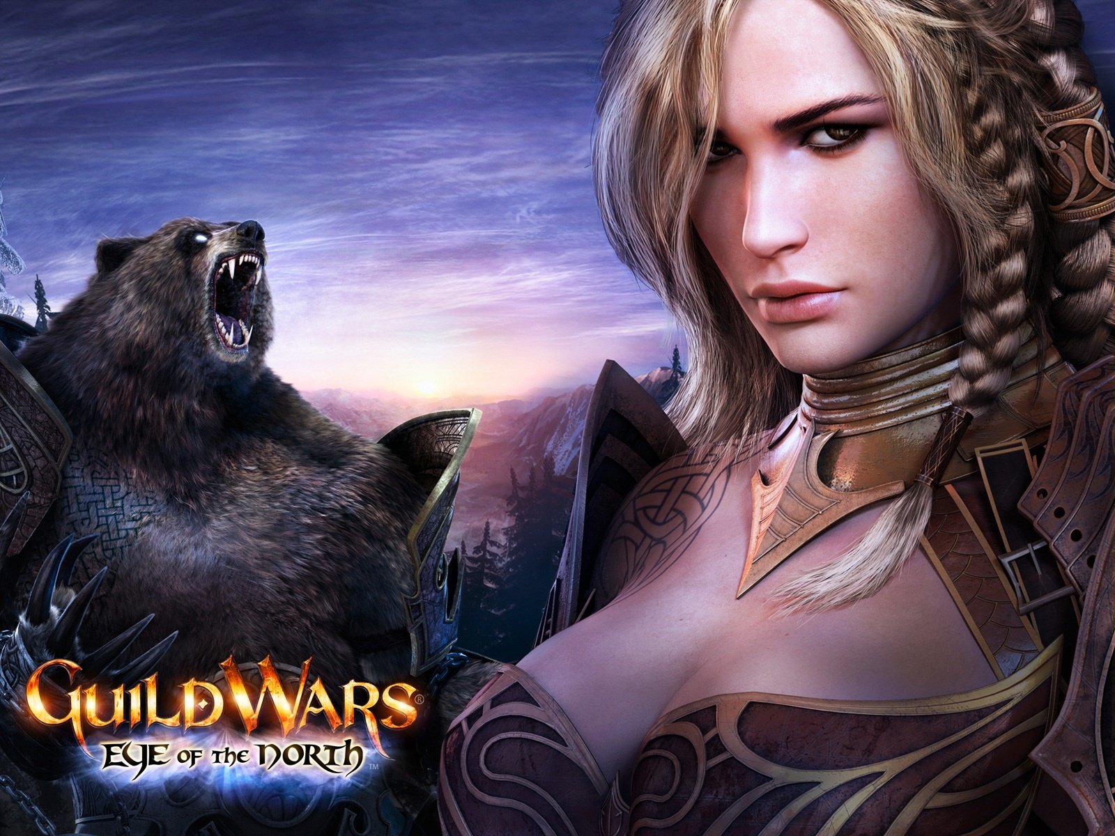 HD PC desktop wallpaper featuring a fierce warrior and roaring bear from Guild Wars 2: Eye of the North expansion for the Guild Wars video game.