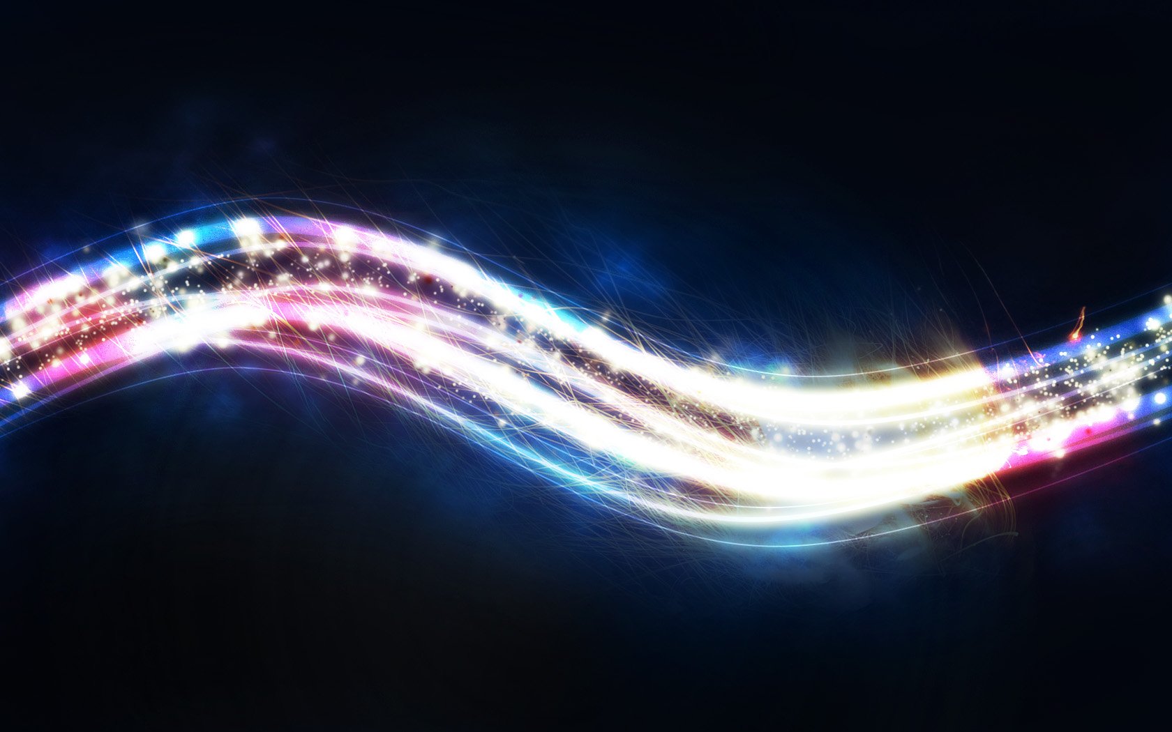 Abstract colorful glowing wave across a dark HD PC desktop wallpaper background, with blue, pink, white and gold light trails and scattered sparkling particles.