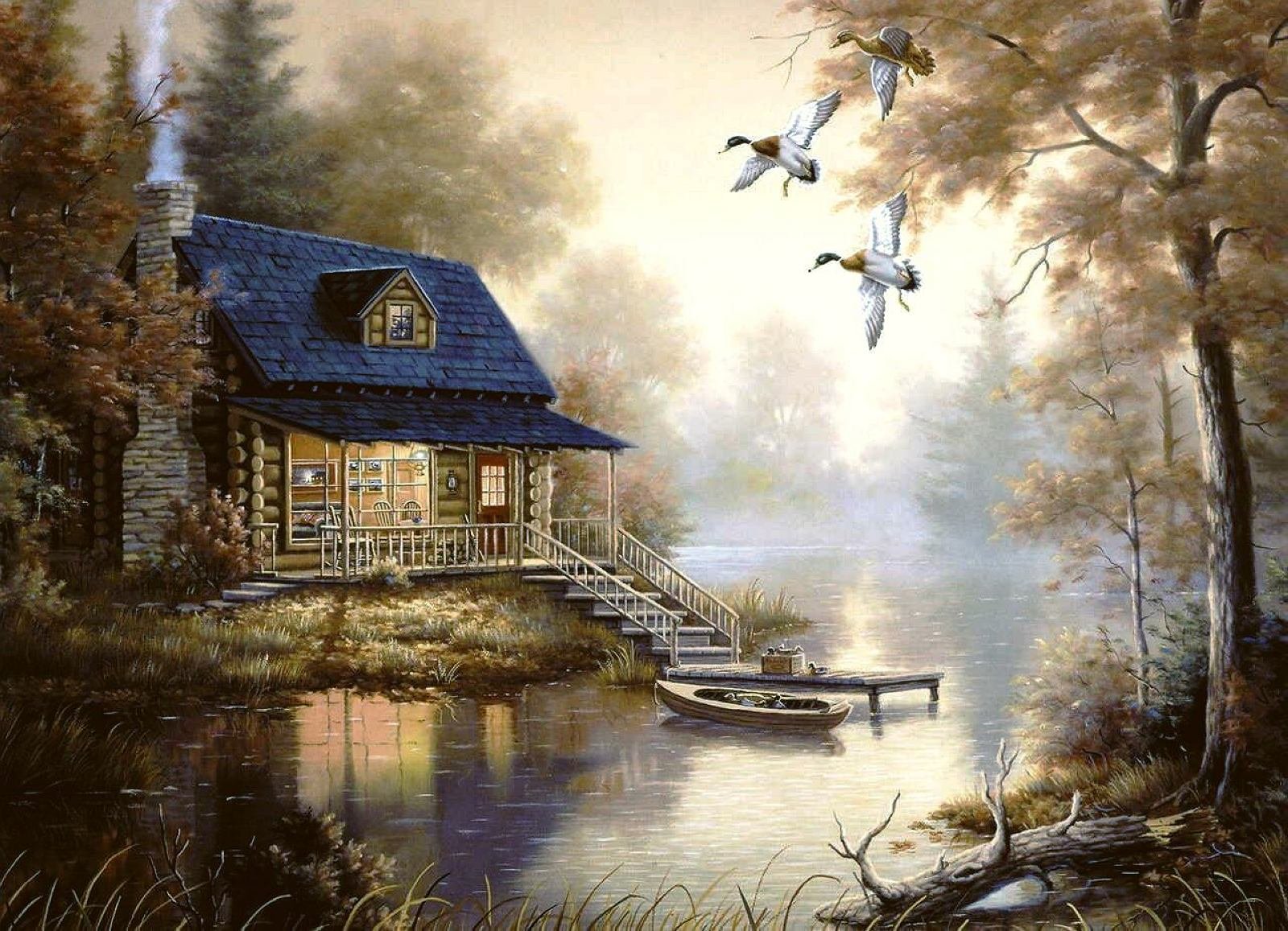 Artistic artwork HD PC desktop wallpaper and background: cozy cabin by a misty lake, rowboat at the dock, ducks flying over autumn-tinted trees reflecting in glassy water.