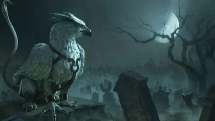 A majestic griffin perches in a moonlit graveyard, surrounded by mist and shadowy tombstones, creating a captivating fantasy atmosphere in this HD desktop wallpaper.