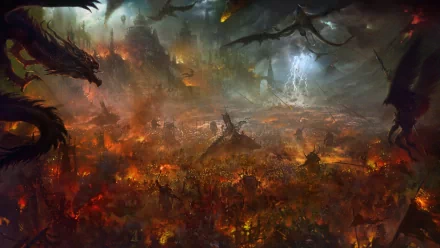 HD fantasy battle scene with dragons soaring above a fiery, chaotic battlefield, filled with warriors and dark, stormy skies, designed as a dramatic PC desktop wallpaper.
