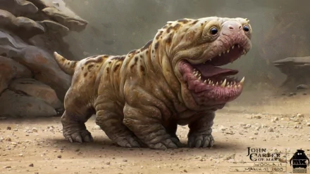 HD PC desktop wallpaper featuring a creature from the movie John Carter, depicting a wide-mouthed, stout, reptilian-like animal in a desert landscape.