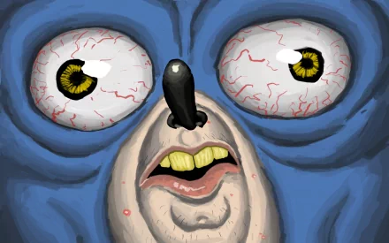 HD cartoon desktop wallpaper featuring a humorous close-up of a blue character with bloodshot eyes and a comically exaggerated facial expression.