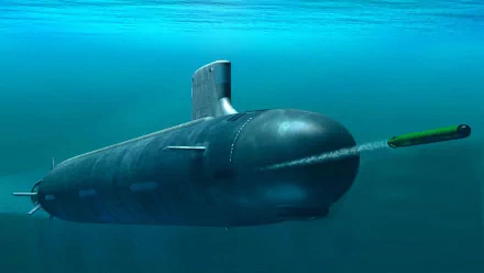 A striking HD wallpaper featuring a military submarine gliding through deep blue waters, showcasing its sleek design and the launch of a torpedo.