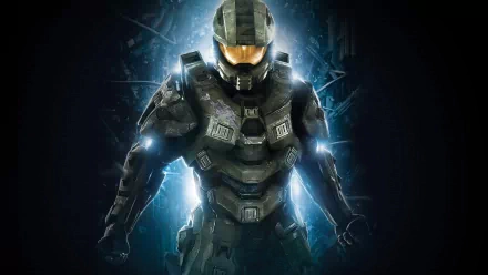 HD desktop wallpaper featuring Master Chief in armor from the video game Halo 4, with a dynamic glowing background.