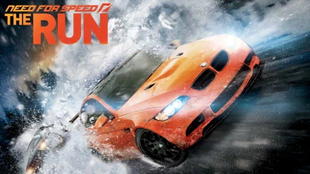 HD PC desktop wallpaper from the video game Need for Speed: The Run — an orange sports car drifting through water, sending dramatic spray against a stormy sky.