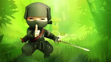 HD PC desktop wallpaper featuring a Mini Ninjas video game character in a green forest, poised with a sword and making a shushing gesture.