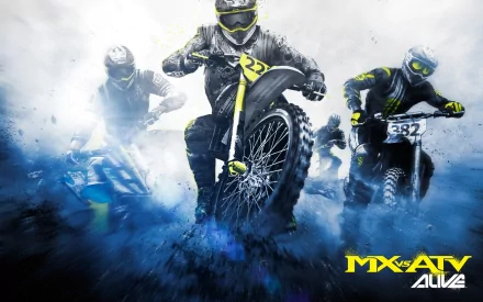 HD PC desktop wallpaper featuring intense motorcycle action from the video game MX vs. ATV Alive, showcasing riders racing through dynamic terrain.