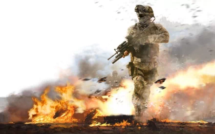 A dynamic HD desktop wallpaper from Call of Duty featuring a soldier advancing through flames, embodying action and intensity in a combat setting.