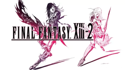 HD PC desktop wallpaper featuring stylized characters from the video game Final Fantasy XIII-2 with dynamic poses and bold black and red accents.