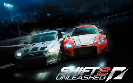 HD desktop wallpaper featuring two racing cars from the video game Need for Speed: Shift 2 Unleashed speeding on a track under dark, stormy skies.