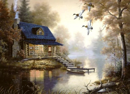 Artistic artwork HD PC desktop wallpaper and background: cozy cabin by a misty lake, rowboat at the dock, ducks flying over autumn-tinted trees reflecting in glassy water.