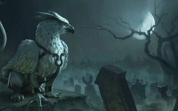A majestic griffin perches in a moonlit graveyard, surrounded by mist and shadowy tombstones, creating a captivating fantasy atmosphere in this HD desktop wallpaper.