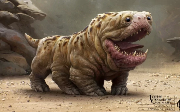 HD PC desktop wallpaper featuring a creature from the movie John Carter, depicting a wide-mouthed, stout, reptilian-like animal in a desert landscape.