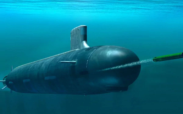 A striking HD wallpaper featuring a military submarine gliding through deep blue waters, showcasing its sleek design and the launch of a torpedo.