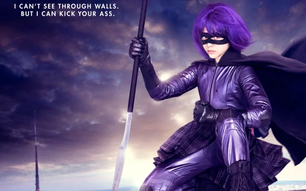 A vibrant HD desktop wallpaper featuring Hit-Girl from the movie Kick-Ass, showcasing her in purple attire, wielding a katana with a determined expression against a dramatic backdrop.