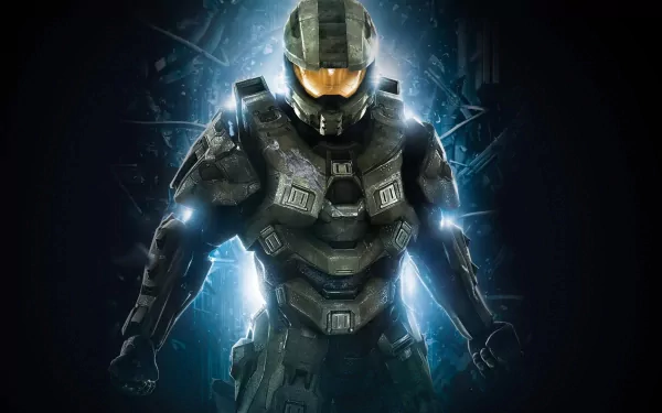 HD desktop wallpaper featuring Master Chief in armor from the video game Halo 4, with a dynamic glowing background.