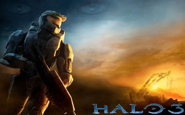 HD PC desktop wallpaper featuring Master Chief from the video game Halo 3, standing against a dramatic sunset sky with the Halo 3 logo at the bottom.
