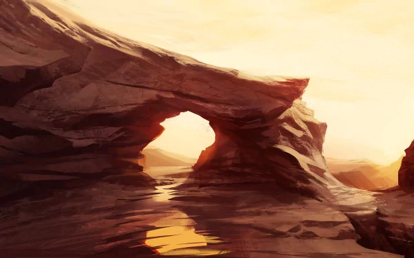 Artistic HD PC desktop wallpaper featuring a brown desert landscape with rock formations and a glowing sun shining through a natural arch.