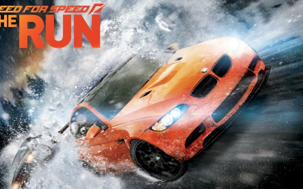 HD PC desktop wallpaper from the video game Need for Speed: The Run — an orange sports car drifting through water, sending dramatic spray against a stormy sky.