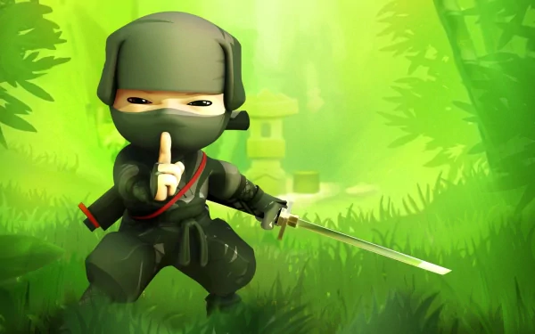 HD PC desktop wallpaper featuring a Mini Ninjas video game character in a green forest, poised with a sword and making a shushing gesture.