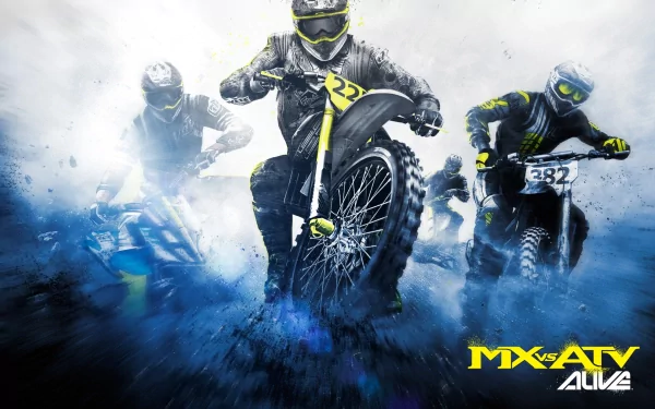 HD PC desktop wallpaper featuring intense motorcycle action from the video game MX vs. ATV Alive, showcasing riders racing through dynamic terrain.
