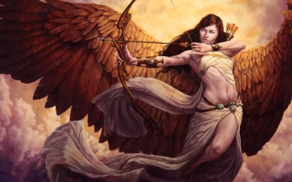 A powerful angel warrior draws her bow, adorned with majestic wings, amidst swirling clouds. This HD fantasy wallpaper captivates with its dynamic energy and striking detail.