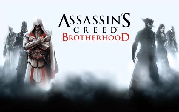 HD PC desktop wallpaper featuring Ezio from Assassin's Creed: Brotherhood with the game title centered against a misty, grayscale background.