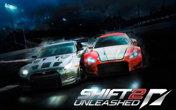 HD desktop wallpaper featuring two racing cars from the video game Need for Speed: Shift 2 Unleashed speeding on a track under dark, stormy skies.