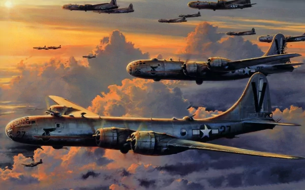 HD desktop wallpaper showing a formation of Boeing B-29 Superfortress military bombers flying through a dramatic sunset sky with clouds.
