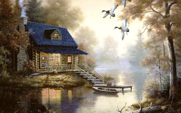 Artistic artwork HD PC desktop wallpaper and background: cozy cabin by a misty lake, rowboat at the dock, ducks flying over autumn-tinted trees reflecting in glassy water.