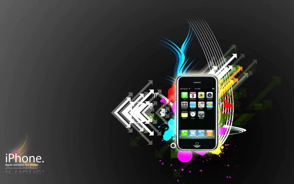 HD PC desktop wallpaper and background featuring an Apple Inc. iPhone illustration with neon technology accents, geometric arrows and colorful splashes on a dark backdrop.