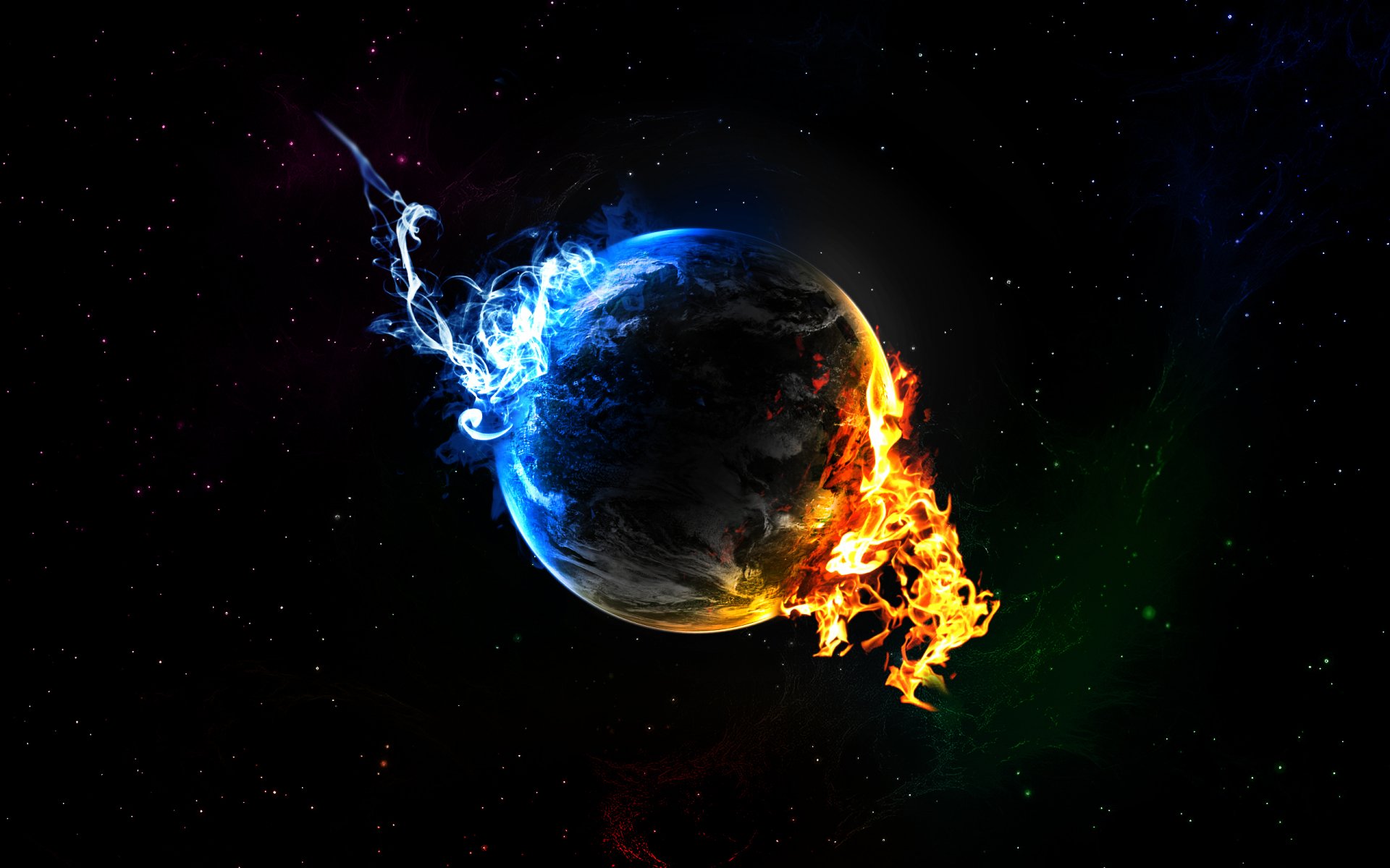 An abstract sci-fi image featuring a planet split between vibrant blue and fiery orange elements, set against a dark cosmic background, designed as a HD desktop wallpaper.