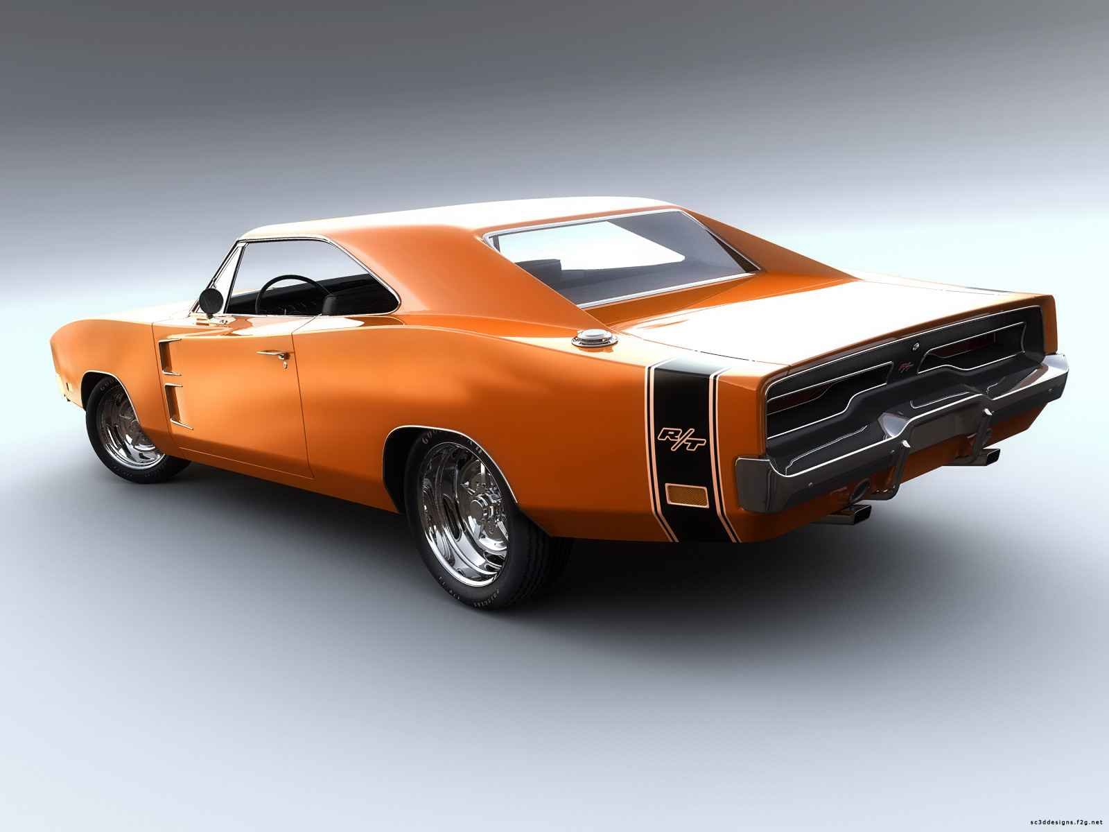 HD desktop wallpaper featuring a vibrant orange Dodge muscle car with sleek lines and polished chrome wheels on a neutral background.