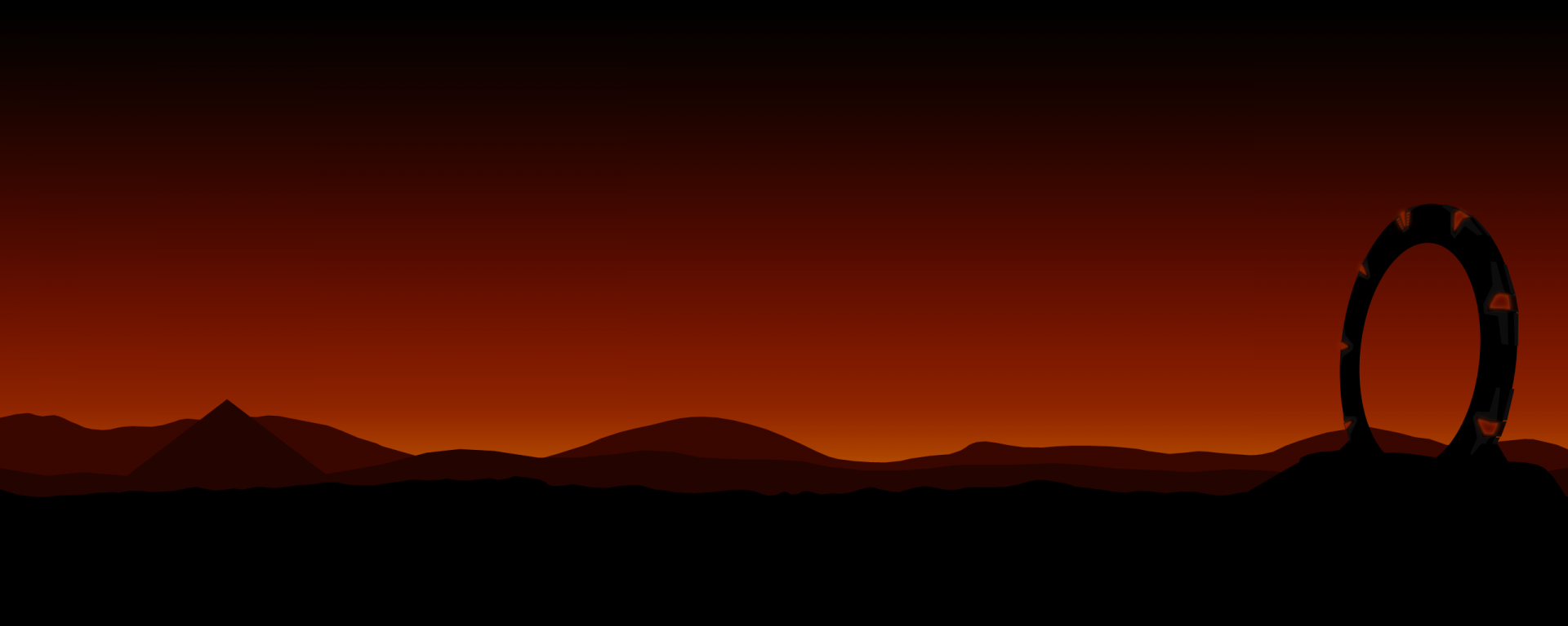 TV show Stargate SG-1 HD PC desktop wallpaper background: minimalist silhouetted alien horizon with rolling dunes under a dramatic red-orange gradient sky.