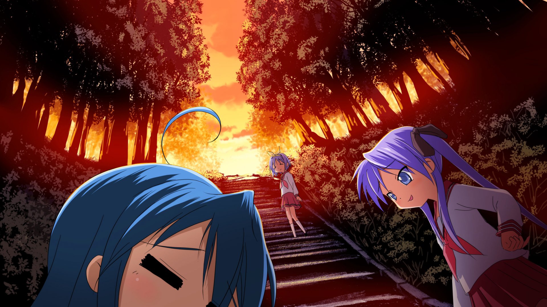 HD wallpaper showcasing characters Konata Izumi, Tsukasa Hiiragi, and Kagami Hiiragi from the anime Lucky Star, set against a dramatic sunset background.
