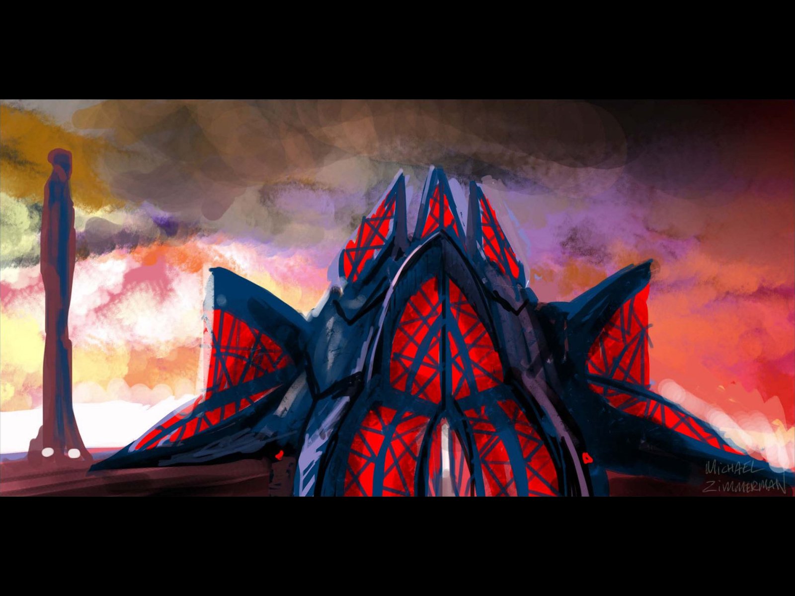 HD PC desktop wallpaper of a Command & Conquer video game scene featuring a dark, futuristic structure with glowing red windows against a dramatic sky.