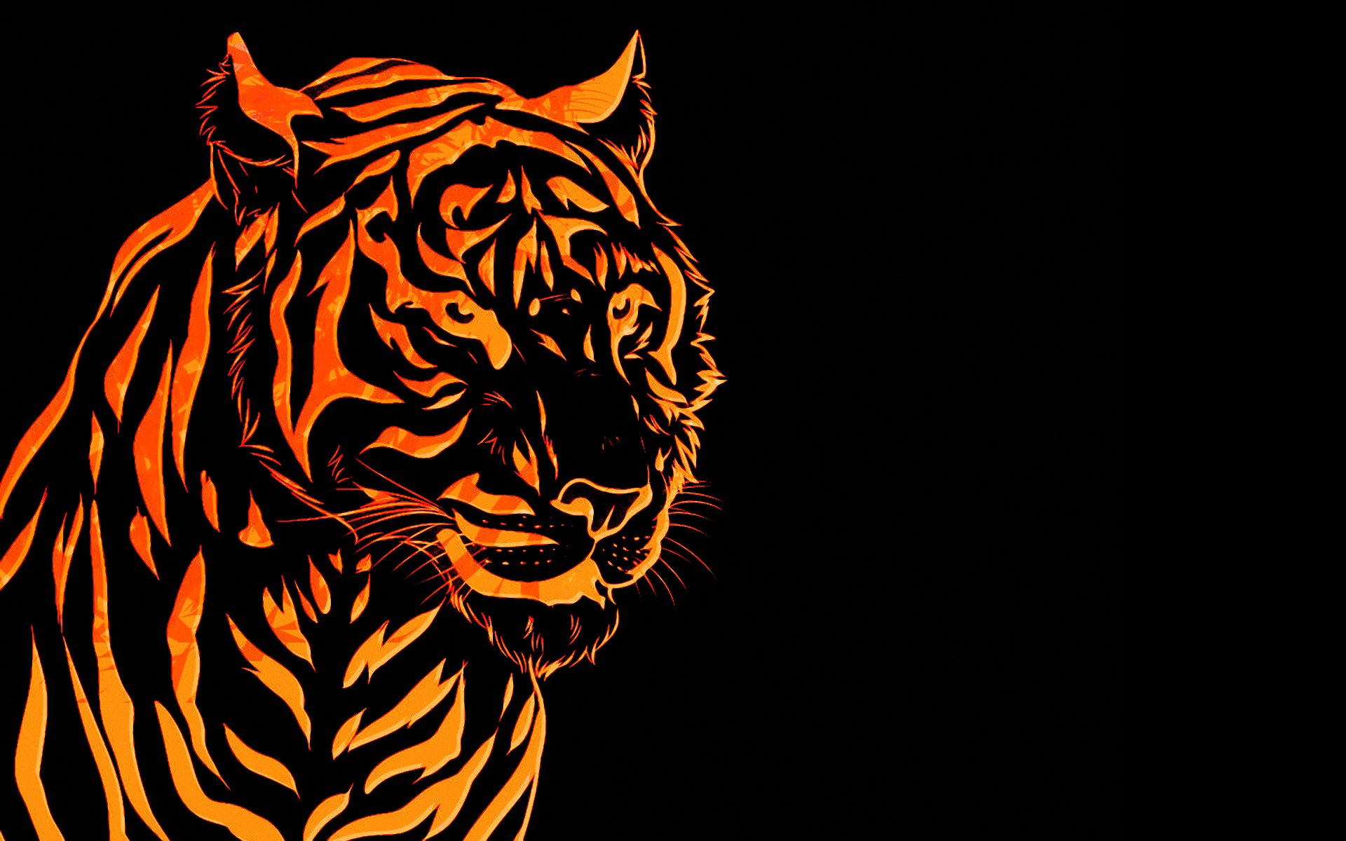 An artistic HD wallpaper featuring a fiercely detailed orange and black tiger against a dark background, showcasing the animal's majestic features.