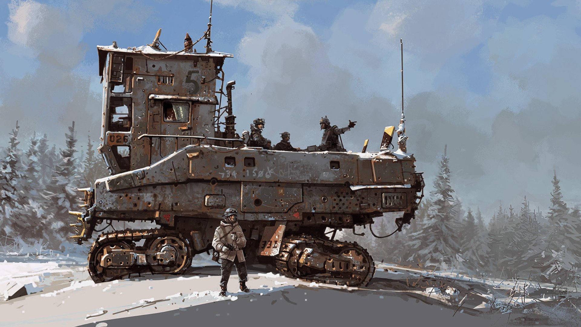 A sci-fi adventure HD PC desktop wallpaper depicting armored soldiers around a large, tracked futuristic vehicle in a snowy forest landscape under a cloudy sky.