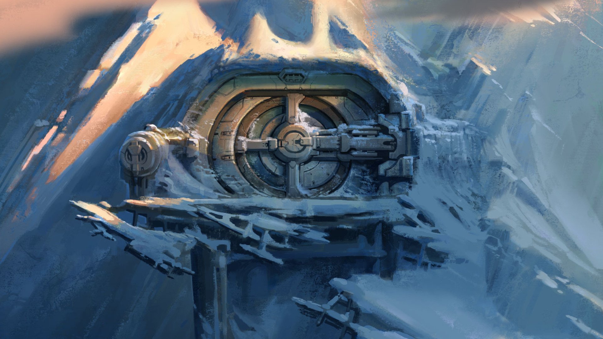 HD PC desktop wallpaper of Lost Planet: a massive circular mechanical hatch half-buried in ice on a jagged frozen cliff, cold blue lighting and drifting snow.