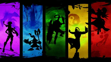 HD wallpaper featuring silhouettes of League of Legends champions Caitlyn, Veigar, Singed, Lee Sin, and Vladimir, each against colorful backgrounds in purple, blue, green, yellow, and red.