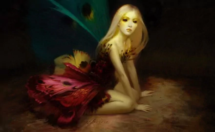 A dreamy fantasy scene featuring a fairy with vibrant wings and a delicate dress, creating a captivating HD wallpaper that enchants the viewer.