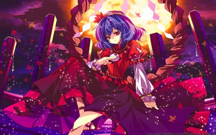 A vibrant HD wallpaper featuring Kanako Yasaka from the anime Touhou, set against a dramatic backdrop with swirling colors and falling leaves, evoking a captivating atmosphere.