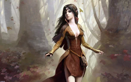 A fantasy-themed HD desktop wallpaper featuring an elegant elf woman in a forest, dressed in a flowing brown outfit, surrounded by ethereal light and autumn leaves.