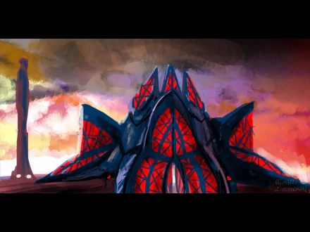 HD PC desktop wallpaper of a Command & Conquer video game scene featuring a dark, futuristic structure with glowing red windows against a dramatic sky.