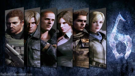 A vibrant HD desktop wallpaper featuring characters from Resident Evil 6, showcasing a lineup of iconic figures against a dark, atmospheric background.