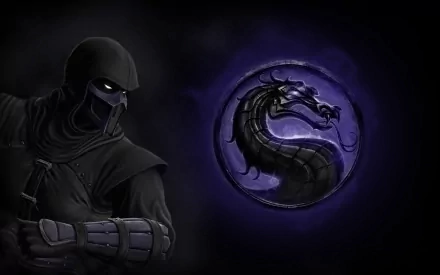 HD wallpaper featuring Noob Saibot from Mortal Kombat, wearing a mask and hood, with glowing white eyes. The Mortal Kombat dragon logo is displayed against a dark backdrop.